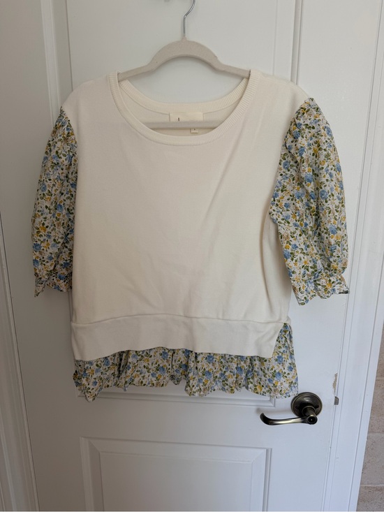 Anthropologie Tops - Anthropologie Cream Pullover with Blue & Yellow Floral Sleeves